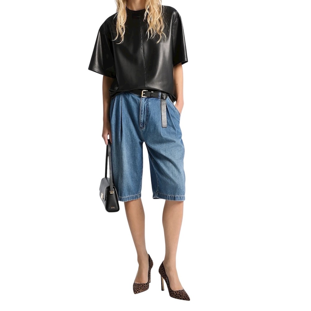 Michael Kors Cotton Chic Pleated High Rise Lightweight Denim Bermuda Shorts 4